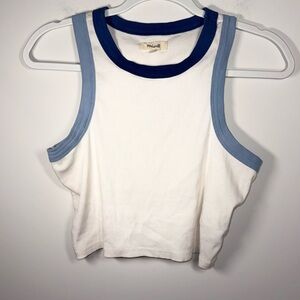 Madewell Womens White Ribbed Fitted Cropped Tank Top with Blue Trim Size Medium